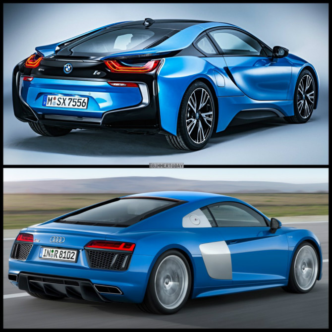 [슈퍼카 맞대결] BMW i8 VS 아우디 R8 비교샷.jpg